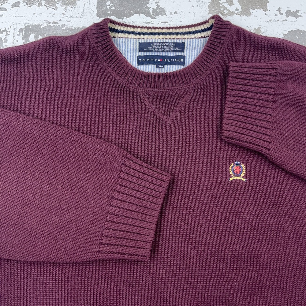 Tommy Hilfiger Sweater Men XL Maroon Heavy Knit Crewneck Pullover Ribbed Grandpa - Picture 2 of 8